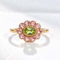 'The Arabella' Victorian Reproduction Peridot and Pink Tourmaline 9ct Yellow Gold Floral Inspired Ring | Size O