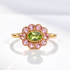 'The Arabella' Victorian Reproduction Peridot and Pink Tourmaline 9ct Yellow Gold Floral Inspired Ring | Size O