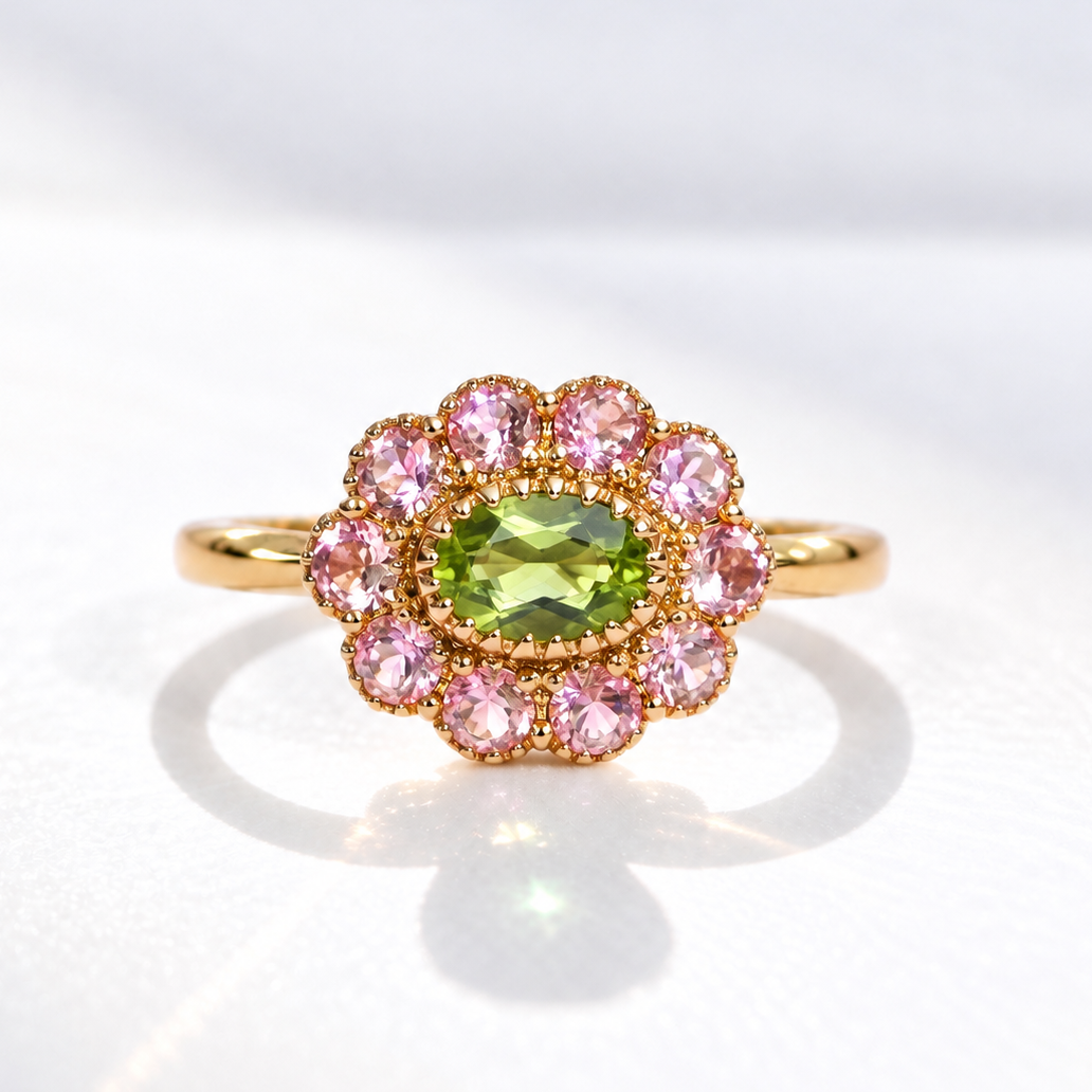 'The Arabella' Victorian Reproduction Peridot and Pink Tourmaline 9ct Yellow Gold Floral Inspired Ring | Size O
