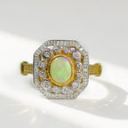 Art Deco Inspired Octagonal Opal and Diamond 9ct Yellow Gold Cluster Ring | Size O