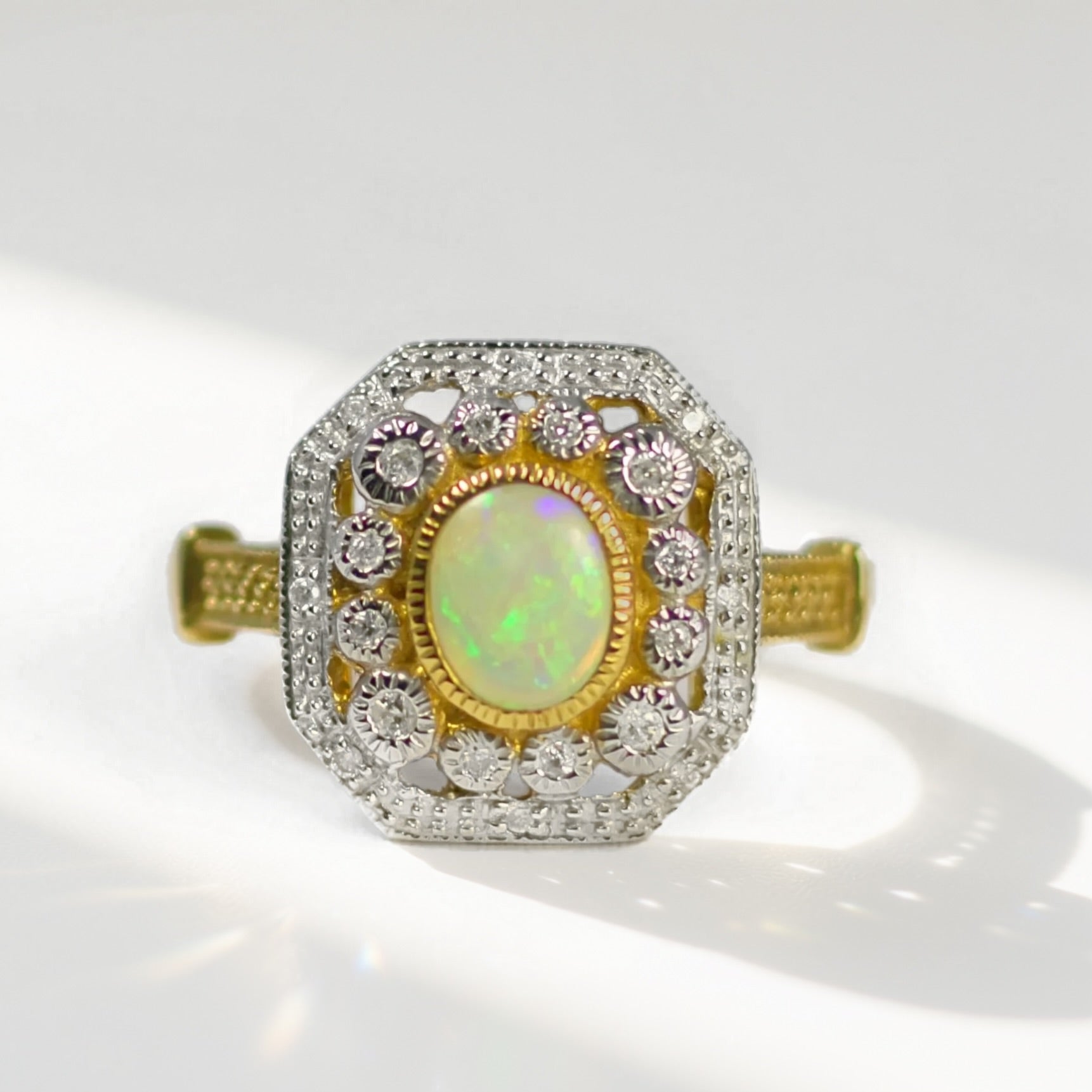 Art Deco Inspired Octagonal Opal and Diamond 9ct Yellow Gold Cluster Ring | Size O