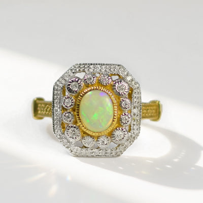 Art Deco Inspired Octagonal Opal and Diamond 9ct Yellow Gold Cluster Ring | Size O