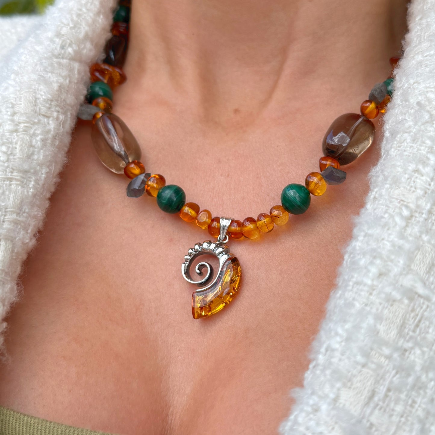 Orange Amber, Green Malachite, Dark Labradorite & Smoky Quartz Fossil Design Sterling Silver Beaded Necklace