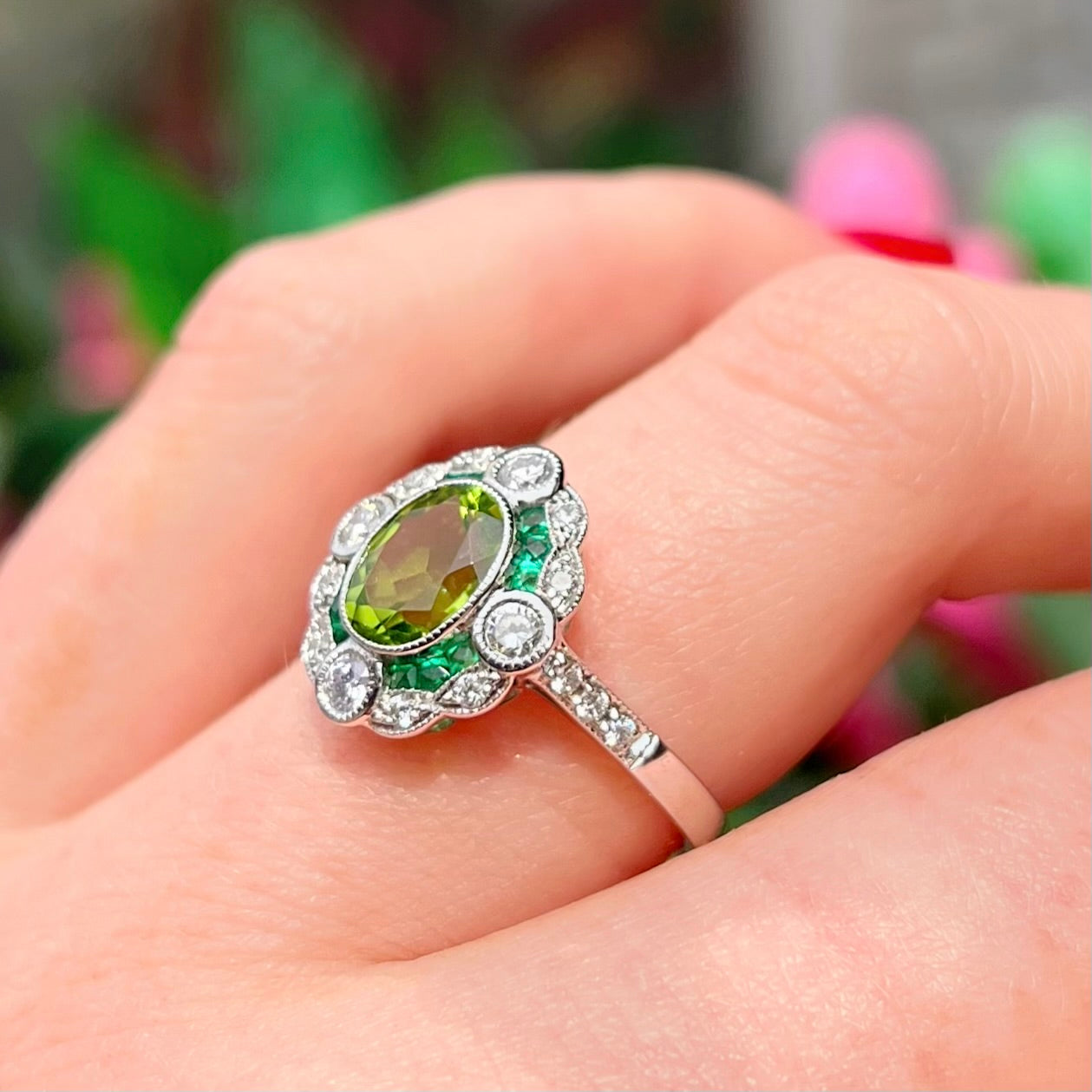 Art Deco Reproduction Peridot, Emerald and Diamond 9ct White Gold Ring | Size M ½