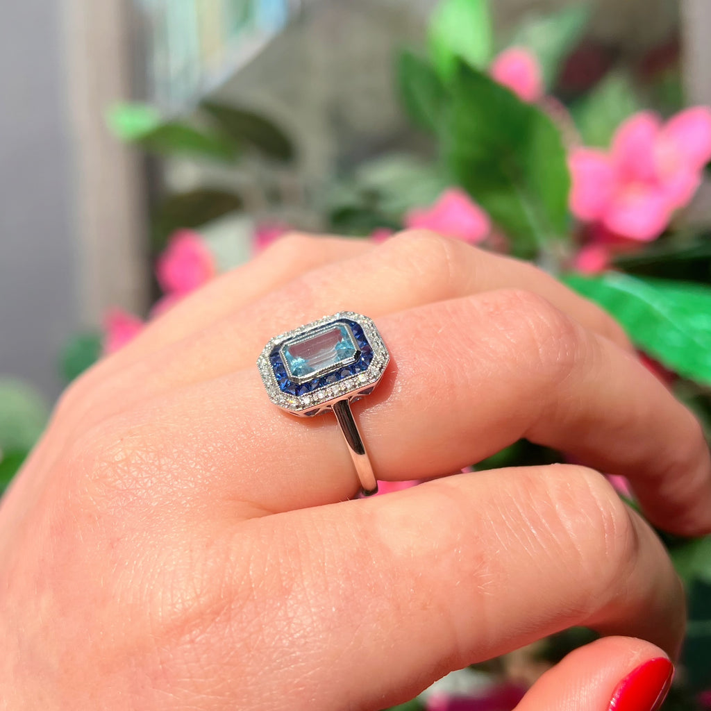 Art Deco Reproduction Blue Topaz, Sapphire and Diamond 9ct White Gold Ring | Size M ½