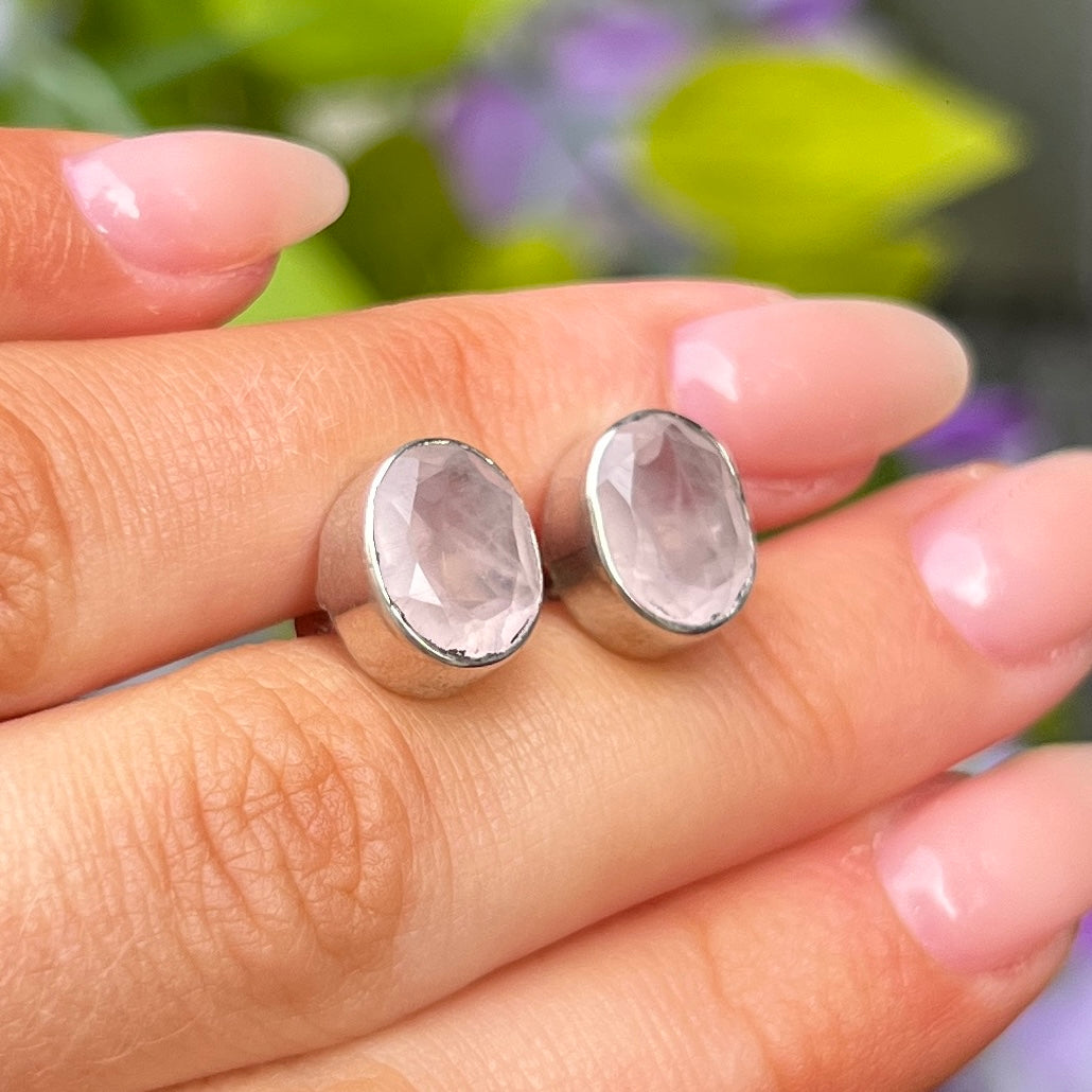 Sterling Silver Pink Rose Quartz Oval Faceted Stud Earrings