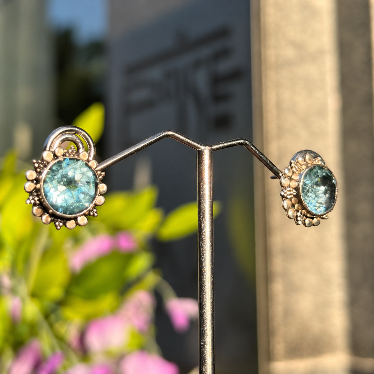 Blue Topaz Sterling Silver Sun Design Stud Earrings
