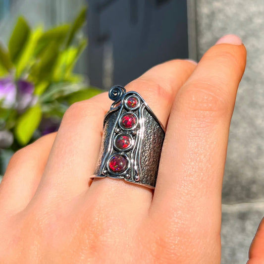 Chunky Unique Sterling Silver Red Opal Ring - Size Q