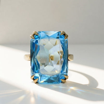 Vintage Blue Glass 9ct Yellow Gold Cocktail Ring | Size L