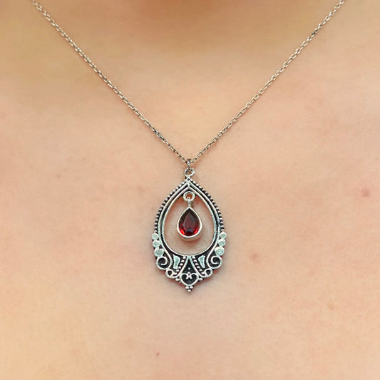 Beautiful Boho Inspired Sterling Silver Filigree Red Garnet Necklace