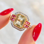 Art Deco Inspired Green Amethyst and Pink Tourmaline 9ct Yellow Gold Ring