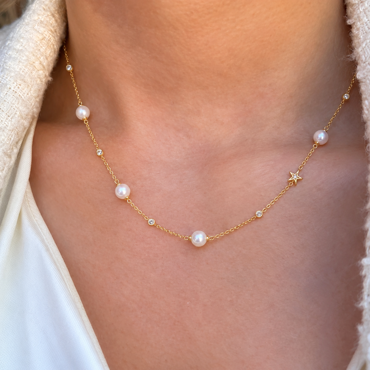 14ct Gold Plated Shell Pearl and Star Station Necklace | Ania Haie