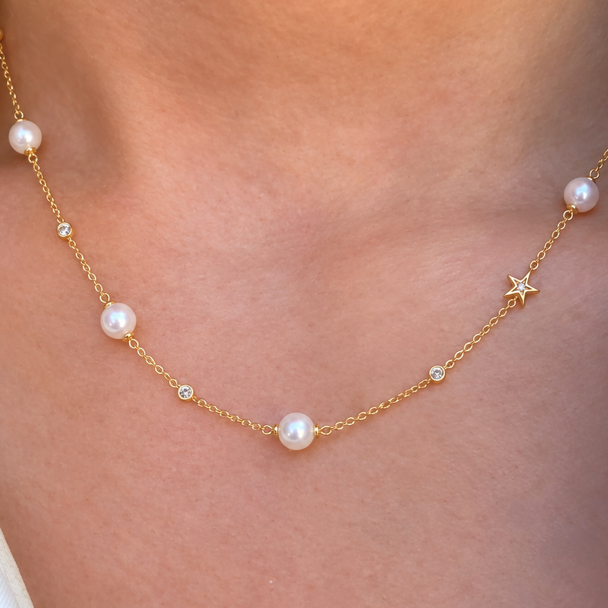 14ct Gold Plated Shell Pearl and Star Station Necklace | Ania Haie