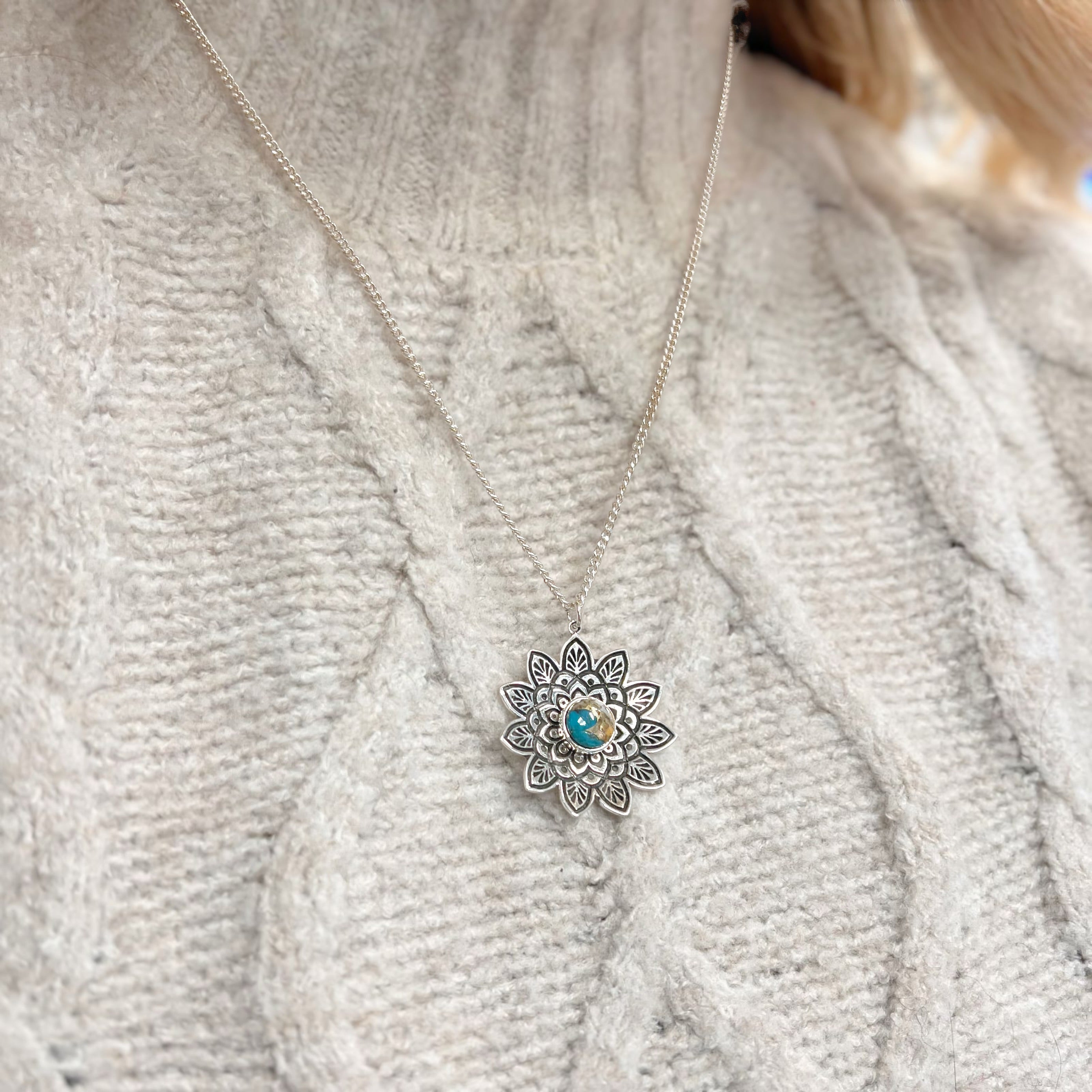 Turquoise Sterling Silver Bohemian-Inspired Mandala Necklace