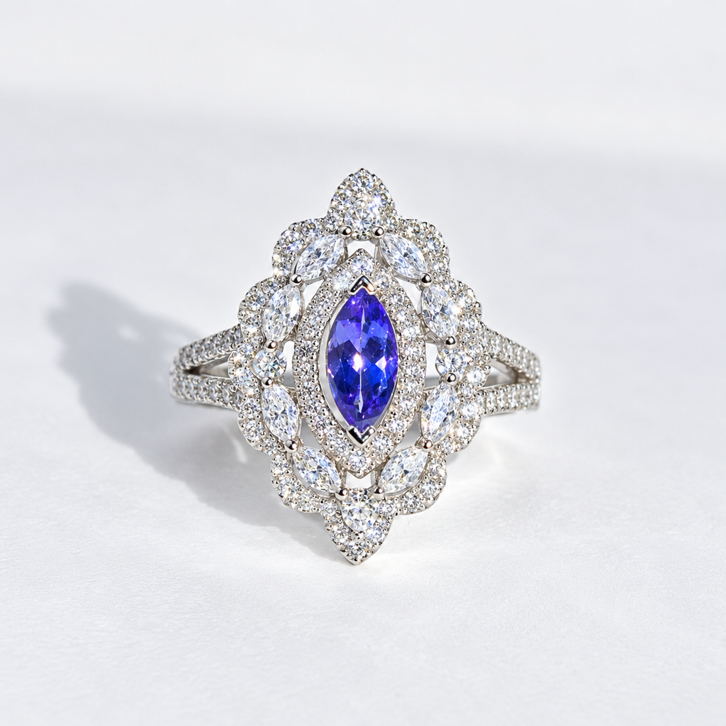 'The Victoria' Marquise Tanzanite and Diamond 18ct White Gold Ring