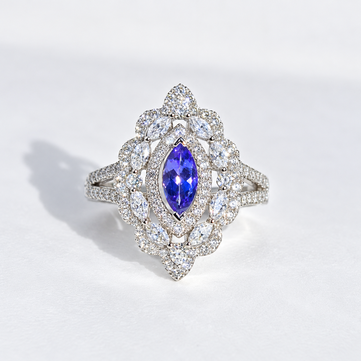 'The Victoria' Marquise Tanzanite and Diamond 18ct White Gold Ring