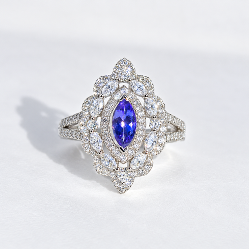 'The Victoria' Marquise Tanzanite and Diamond 18ct White Gold Ring