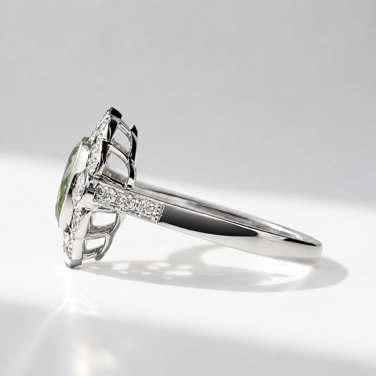 Art Deco Reproduction Peridot, Emerald and Diamond 9ct White Gold Ring | Size M ½