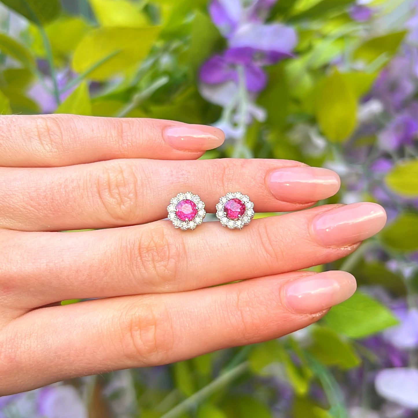 18ct White Gold Red Ruby and Diamond Halo Stud Earrings