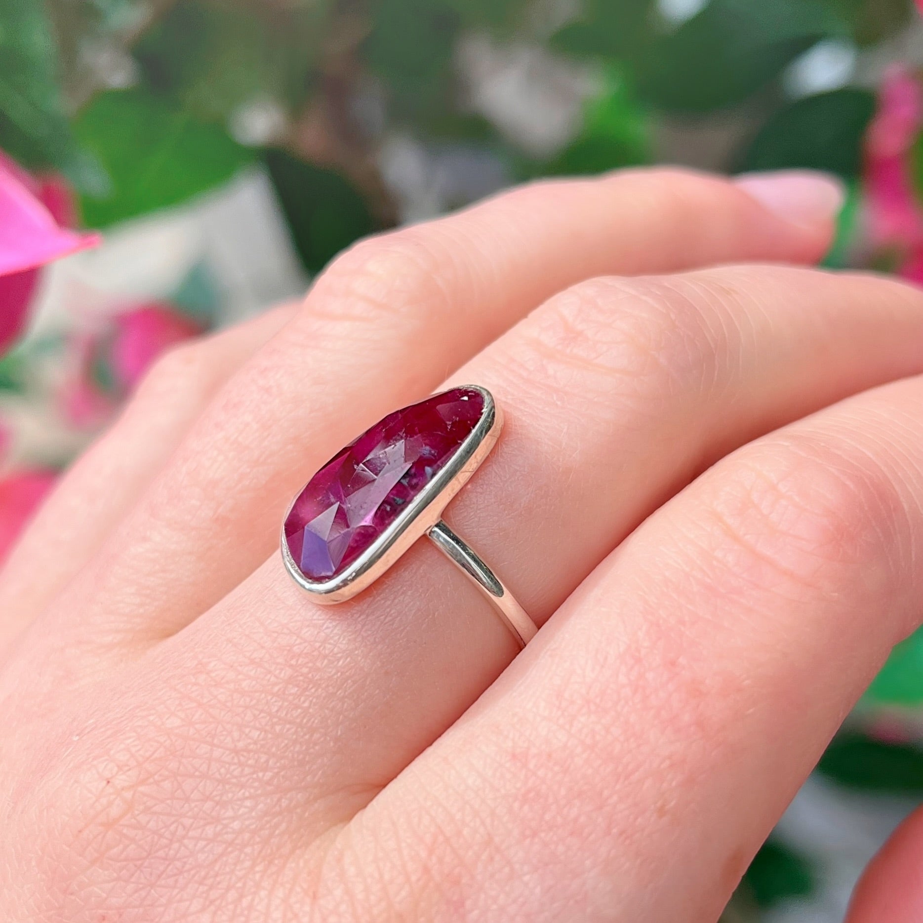 Rare Checkerboard Faceted Irregular-Shaped Ruby Sterling Silver Ring | Size O