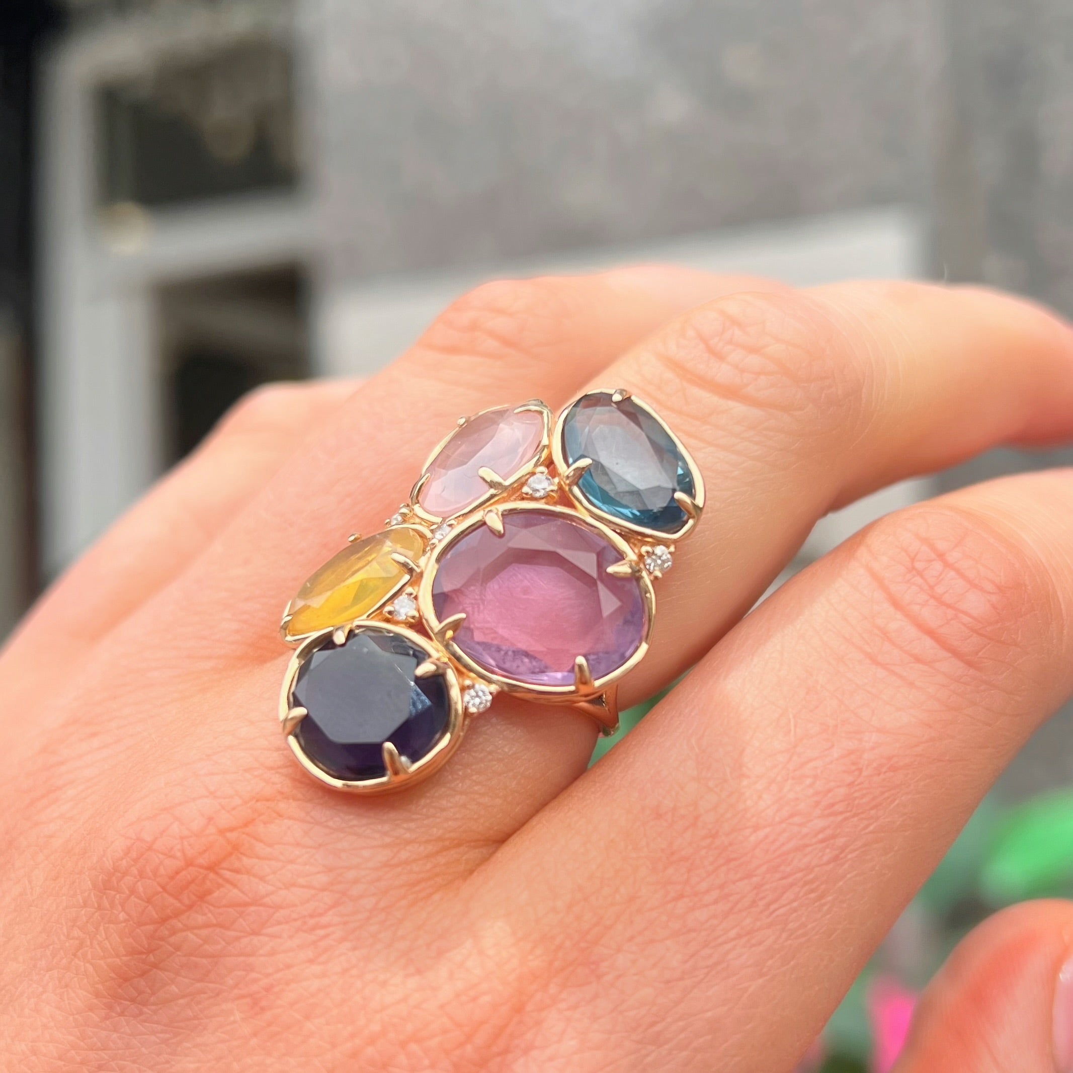 Rose Quartz, Iolite, Amethyst, Topaz, Opal and Diamond 14ct Rose Gold Chunky Ring | Peroni & Parise