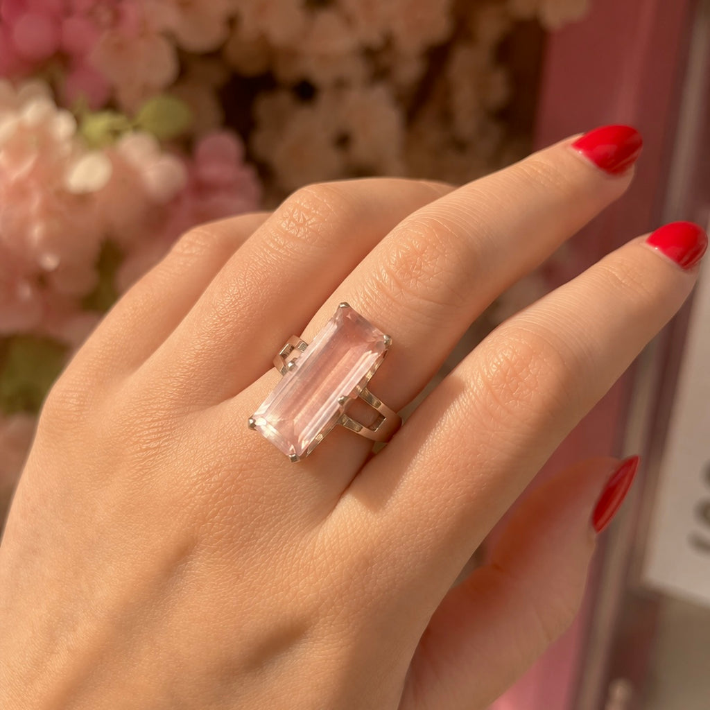 Rose Quartz Baguette Cut Sterling Silver Ring | Size Q
