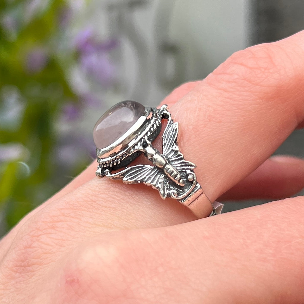 Butterfly Shoulder Rose Quartz Sterling Silver Ring | Size R