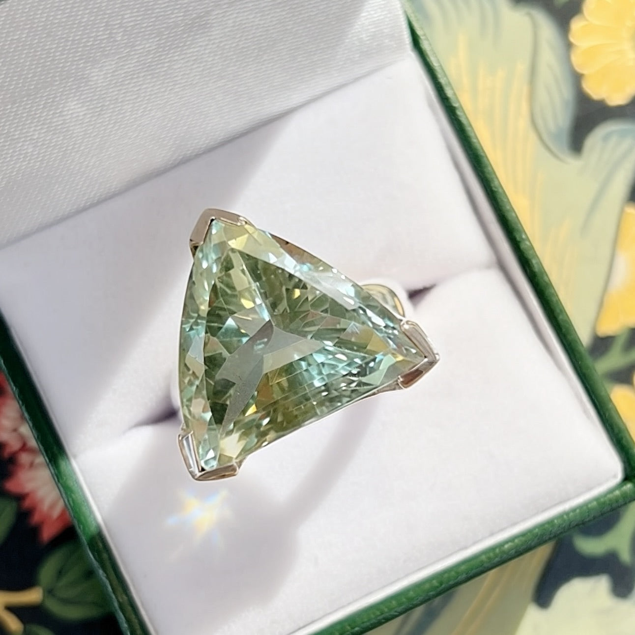 Chunky Sterling Silver Trillion-Cut Green Amethyst Cocktail Ring - Size R ½