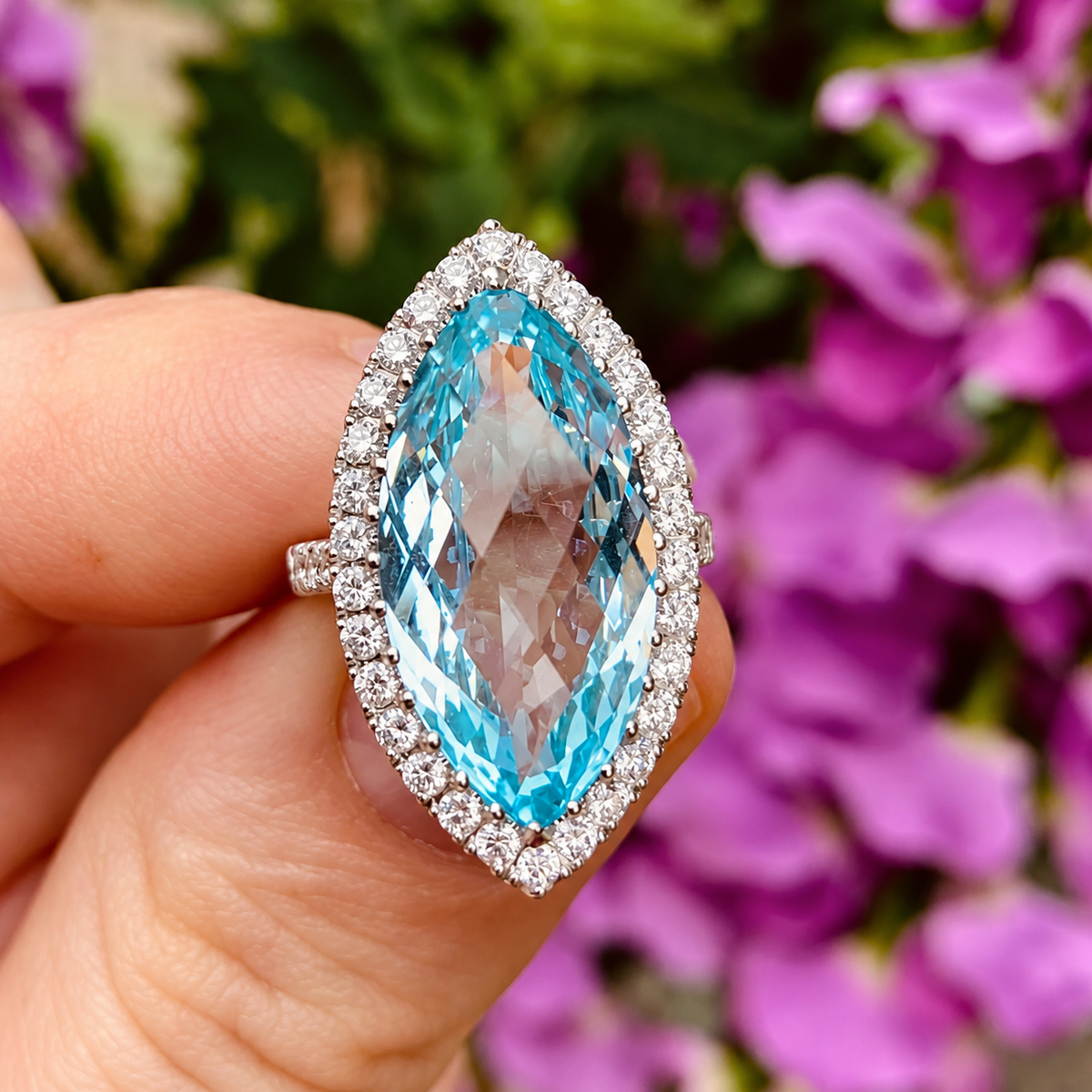 Marquise Cut Blue Topaz & Diamond 18ct White Gold Cocktail Ring | Size M