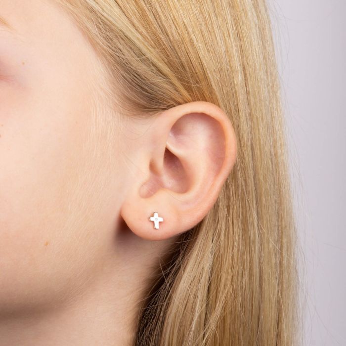 Diamond Sterling Silver Mini Cross Stud Earrings | D for Diamond