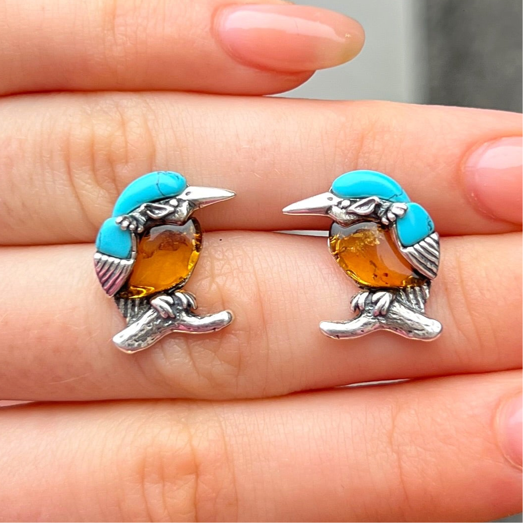 Sterling Silver Orange Amber & Blue Turquoise Bird Design Stud Earrings