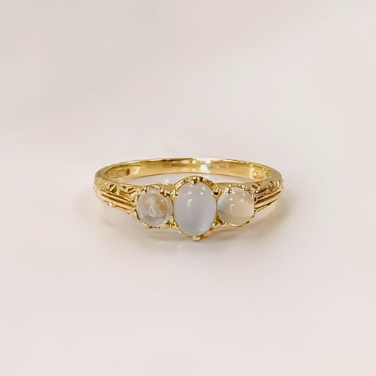 9ct Yellow Gold Moonstone Trilogy Ring - SIZE M