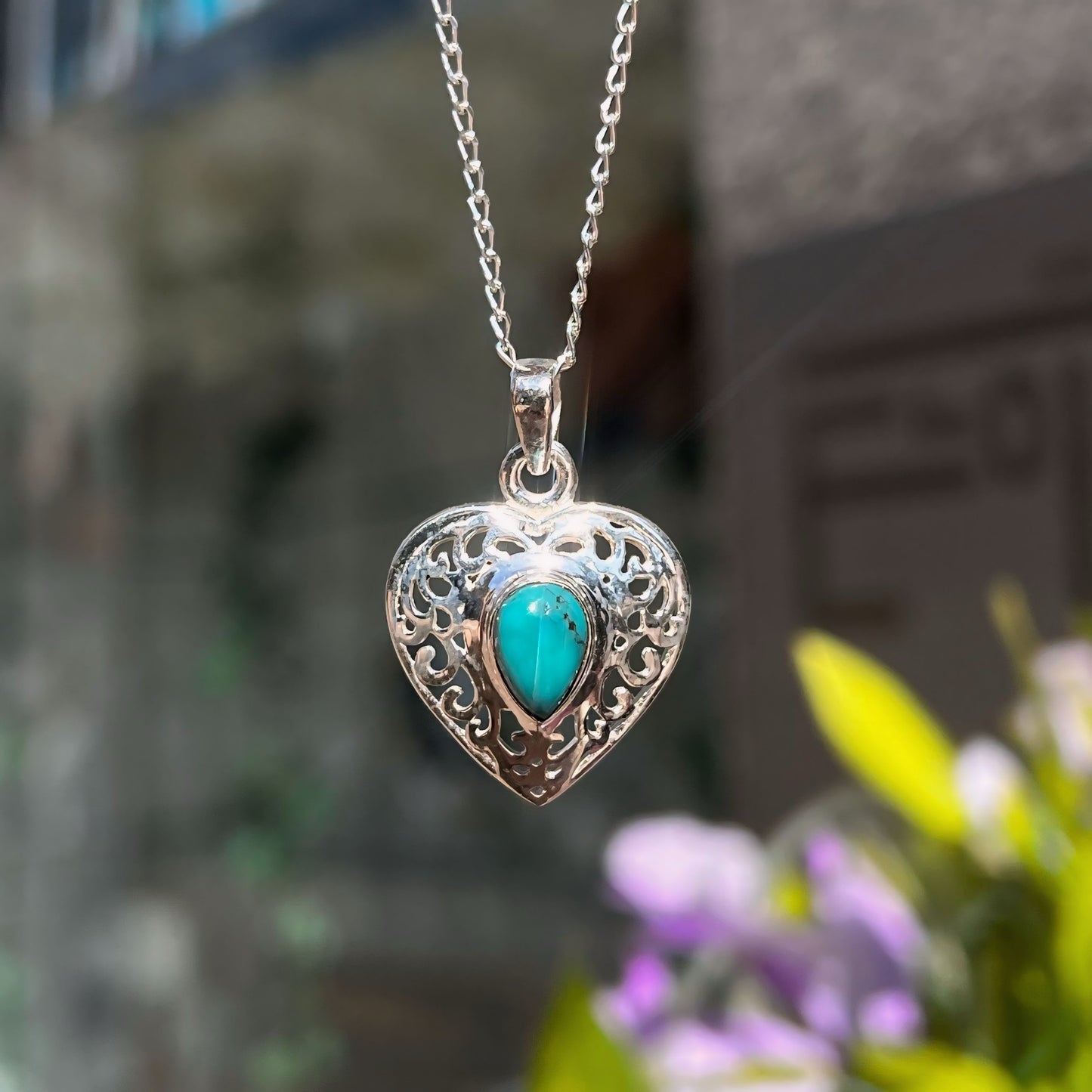 Sterling Silver Turquoise Openwork Heart Necklace