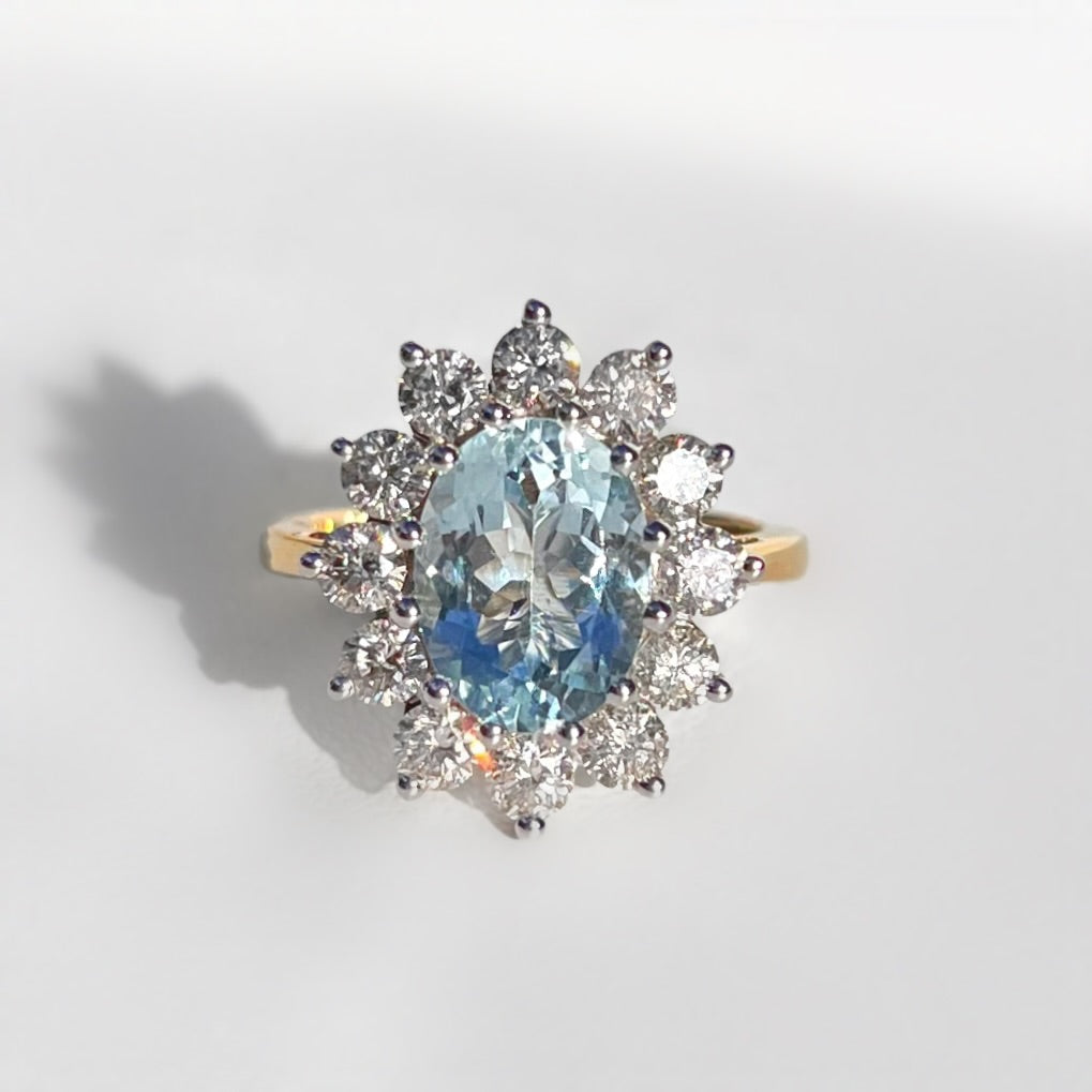 Aquamarine and Diamond Classic Cluster 14ct Yellow Gold Ring | Size N ½