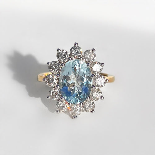 Aquamarine and Diamond Classic Cluster 14ct Yellow Gold Ring | Size N ½