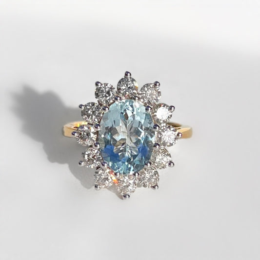 Astonishing 14k Gold Aquamarine and Diamond Classic Cluster Ring - Size N ½