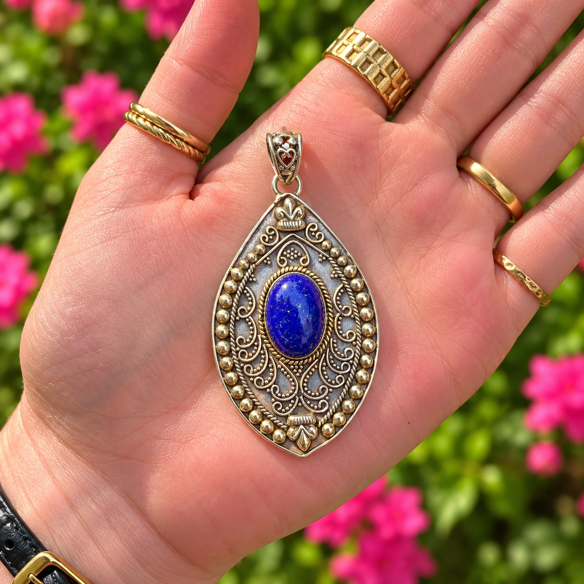Oxidised Filigree Lapis Lazuli Sterling Silver Pendant