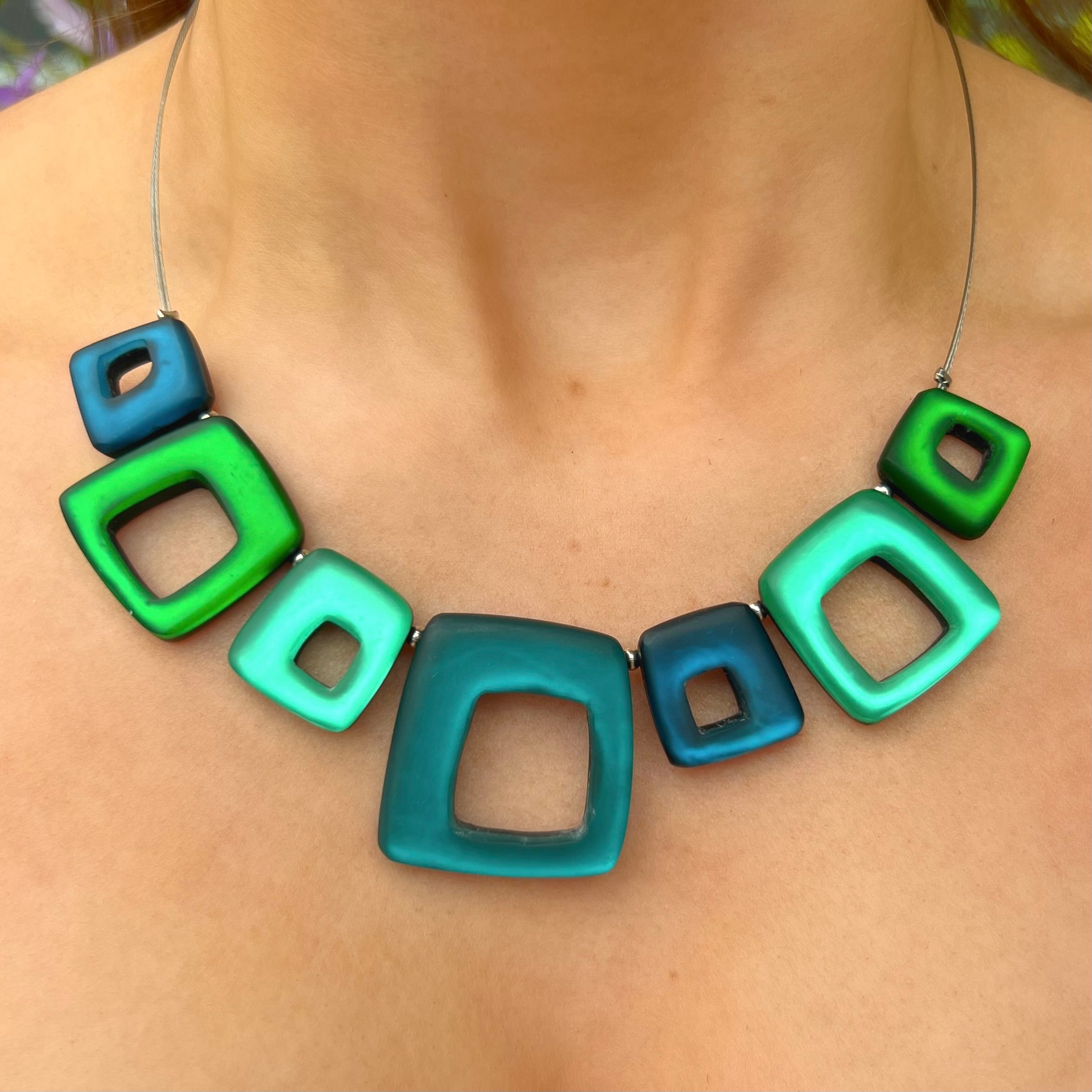 Green & Blue Hollow Squares Necklace | Watch This Space
