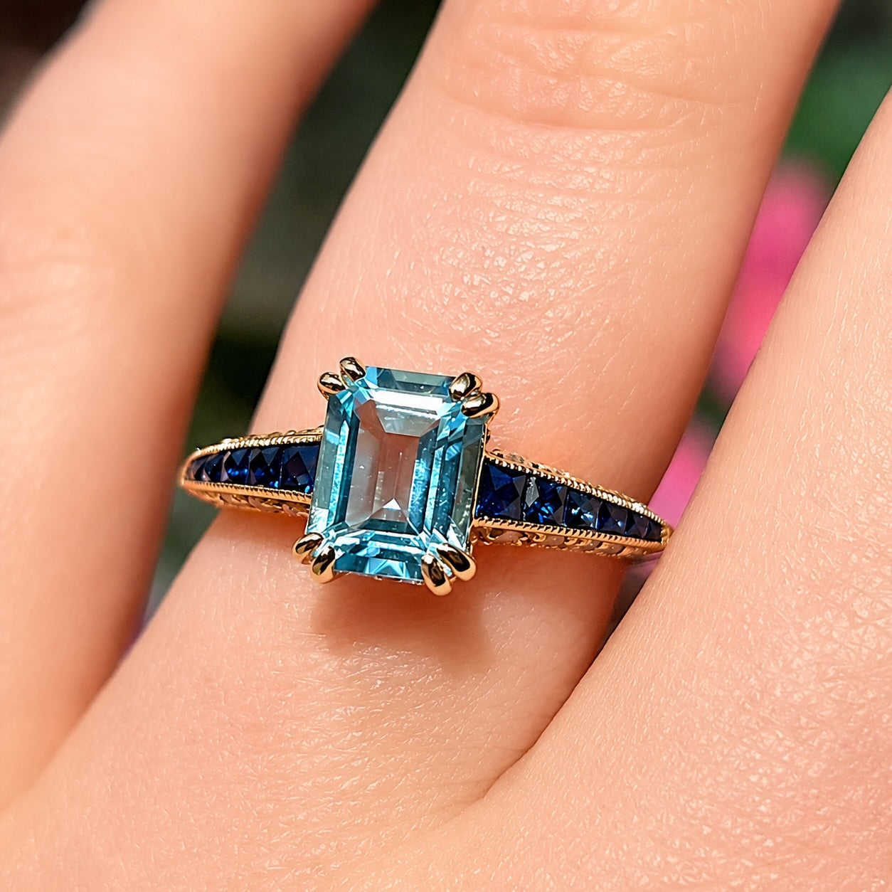 Blue Topaz Sapphire and Diamond 9ct Yellow Gold Engagement Ring | Size M ½