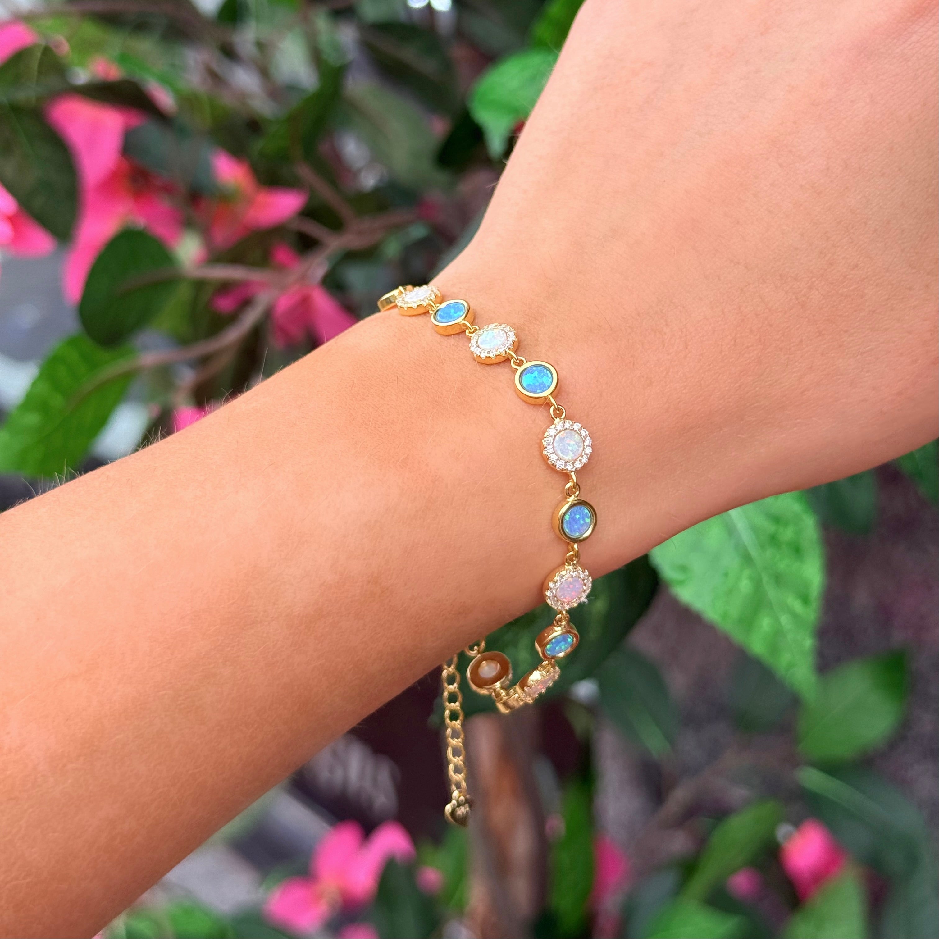 Blue & White Opal and Cubic Zirconia 9ct Yellow Gold Plated Bracelet