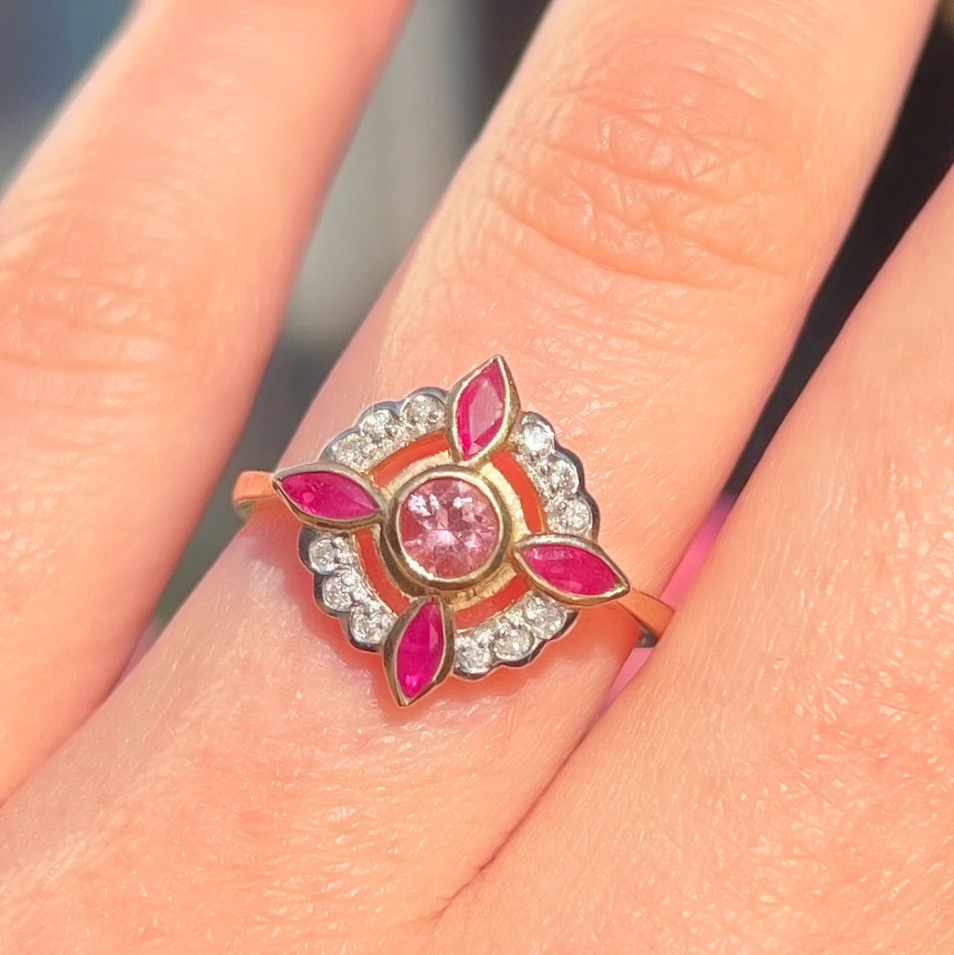 Edwardian Reproduction Pink Tourmaline, Ruby and Diamond 9ct Yellow Gold Ring | Size O