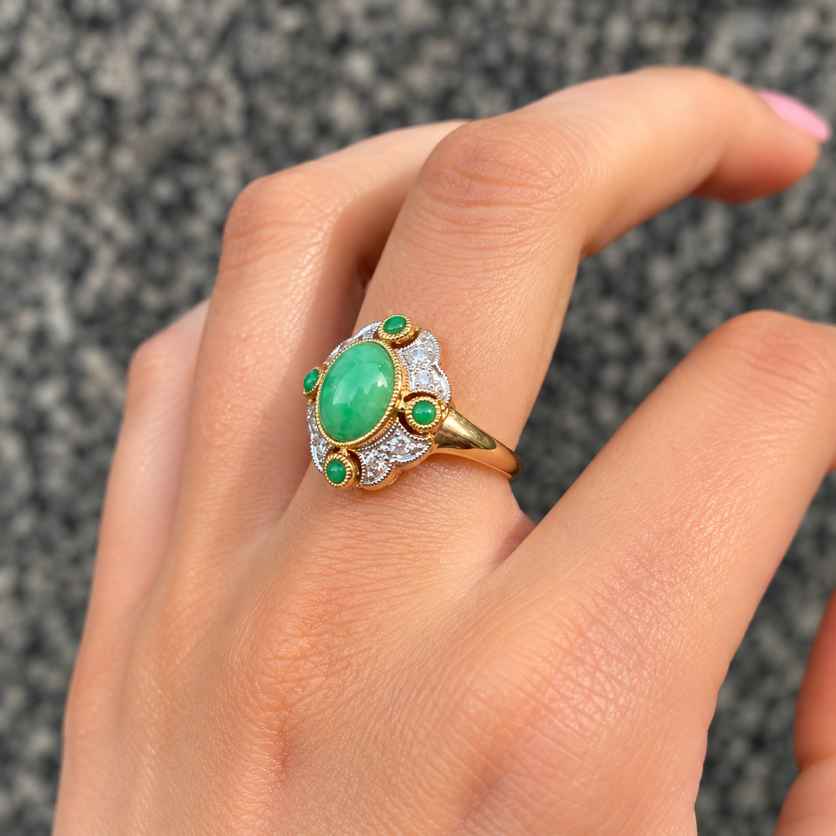 Jade and Diamond Art Deco Reproduction 9ct Yellow Gold Ring