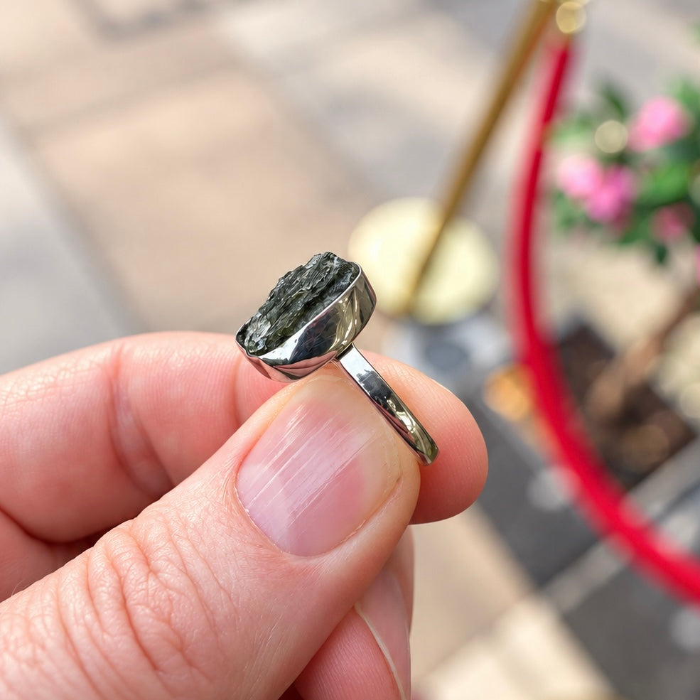 Rough Cut Green Moldavite Sterling Silver Ring | Size O
