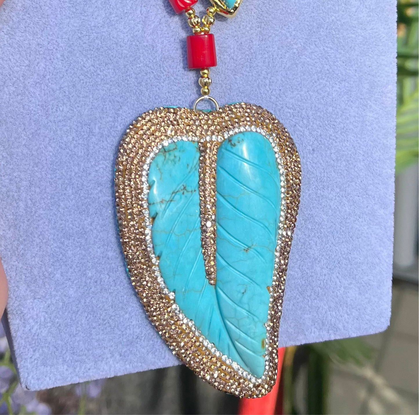 18ct Yellow Gold Plated Chunky Red Coral & Blue Turquoise Maximalist Statement Beaded Leaf Necklace