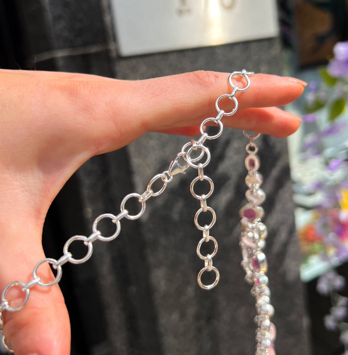 Red Ruby, White Pearl, Pink Rose Quartz & Clear Quartz Chunky Sterling Silver Statement Collar Necklace