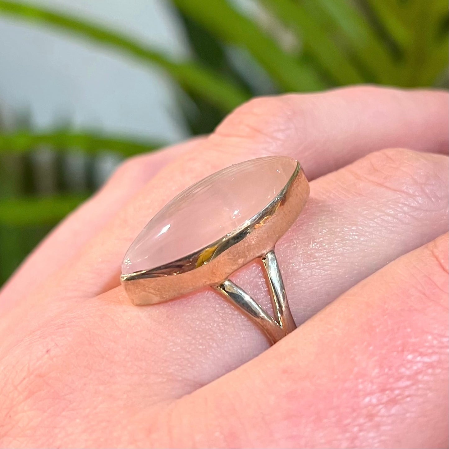 Pink Rose Quartz Sterling Silver Marquise Cut Ring - Size Q