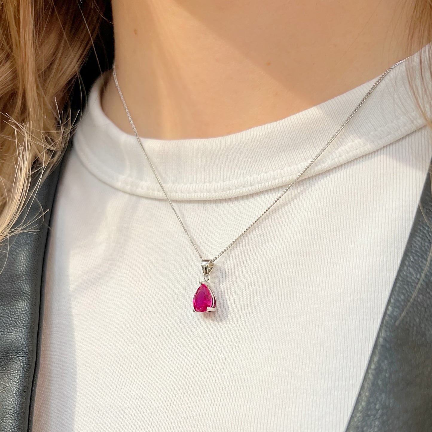 Sterling Silver Pear-Cut Lab-Grown Ruby Matching Necklace and Earring Set