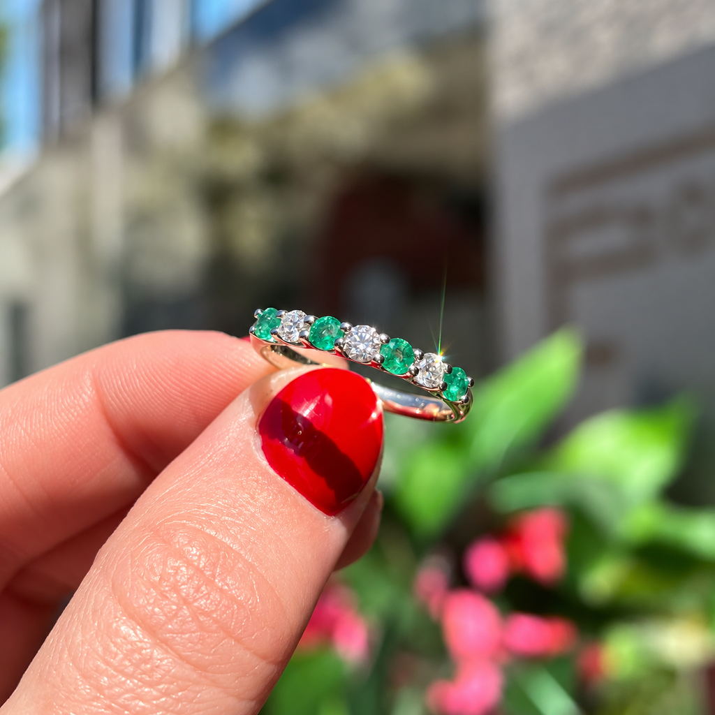 Emerald and Diamond Dainty 9ct Yellow Gold Half Eternity Ring | Size O