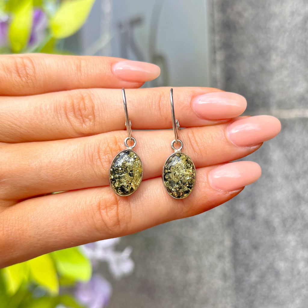 Green Amber Sterling Silver Oval Drop Earrings