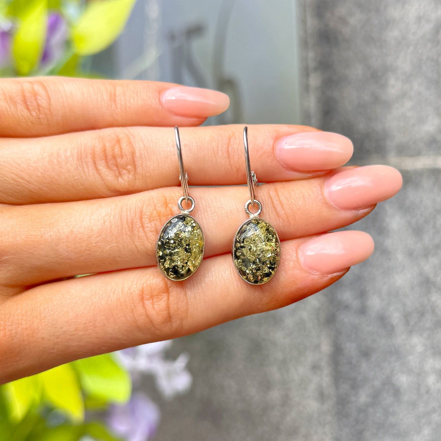 Green Amber Sterling Silver Oval Drop Earrings